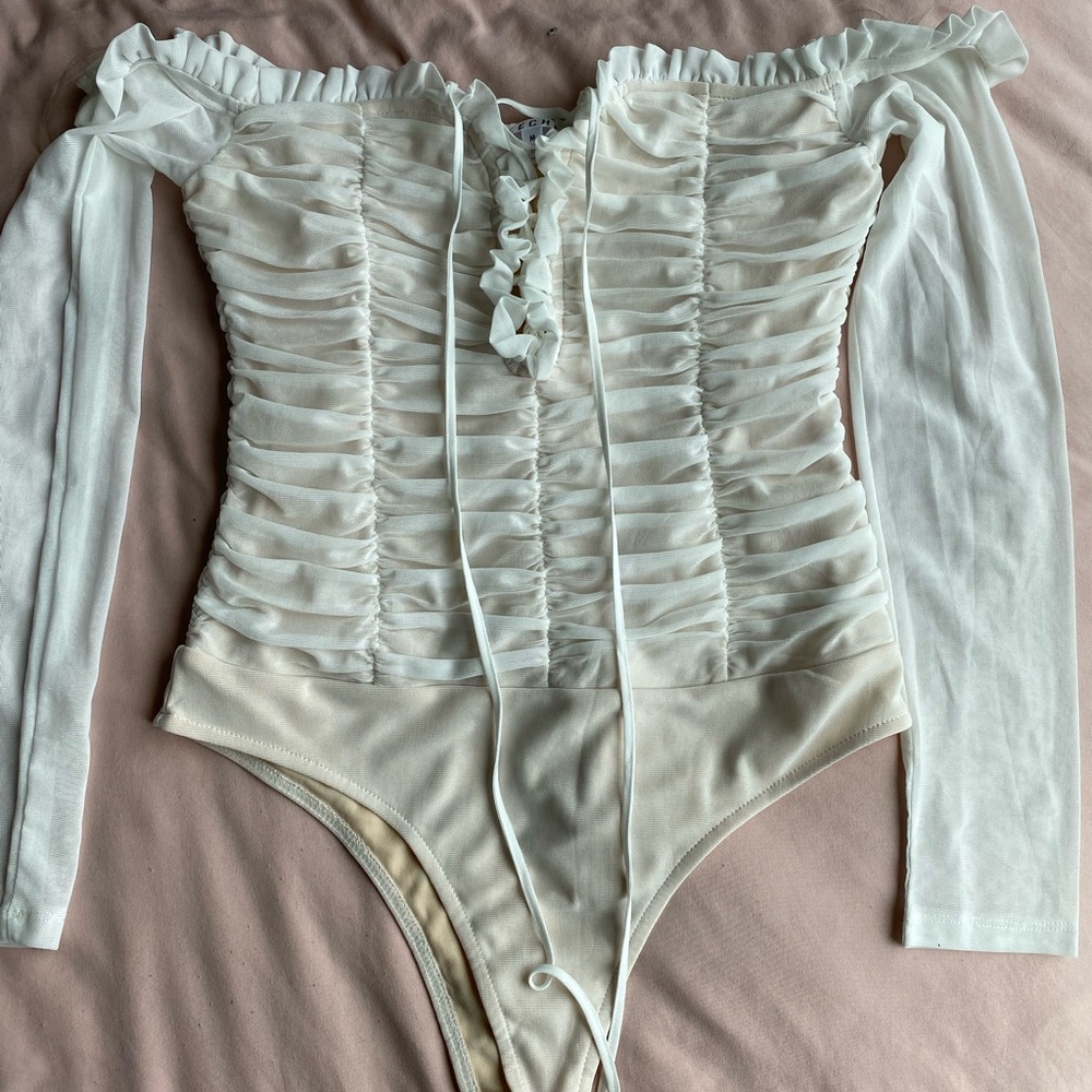 Ruffled long sleeve mesh bodysuit